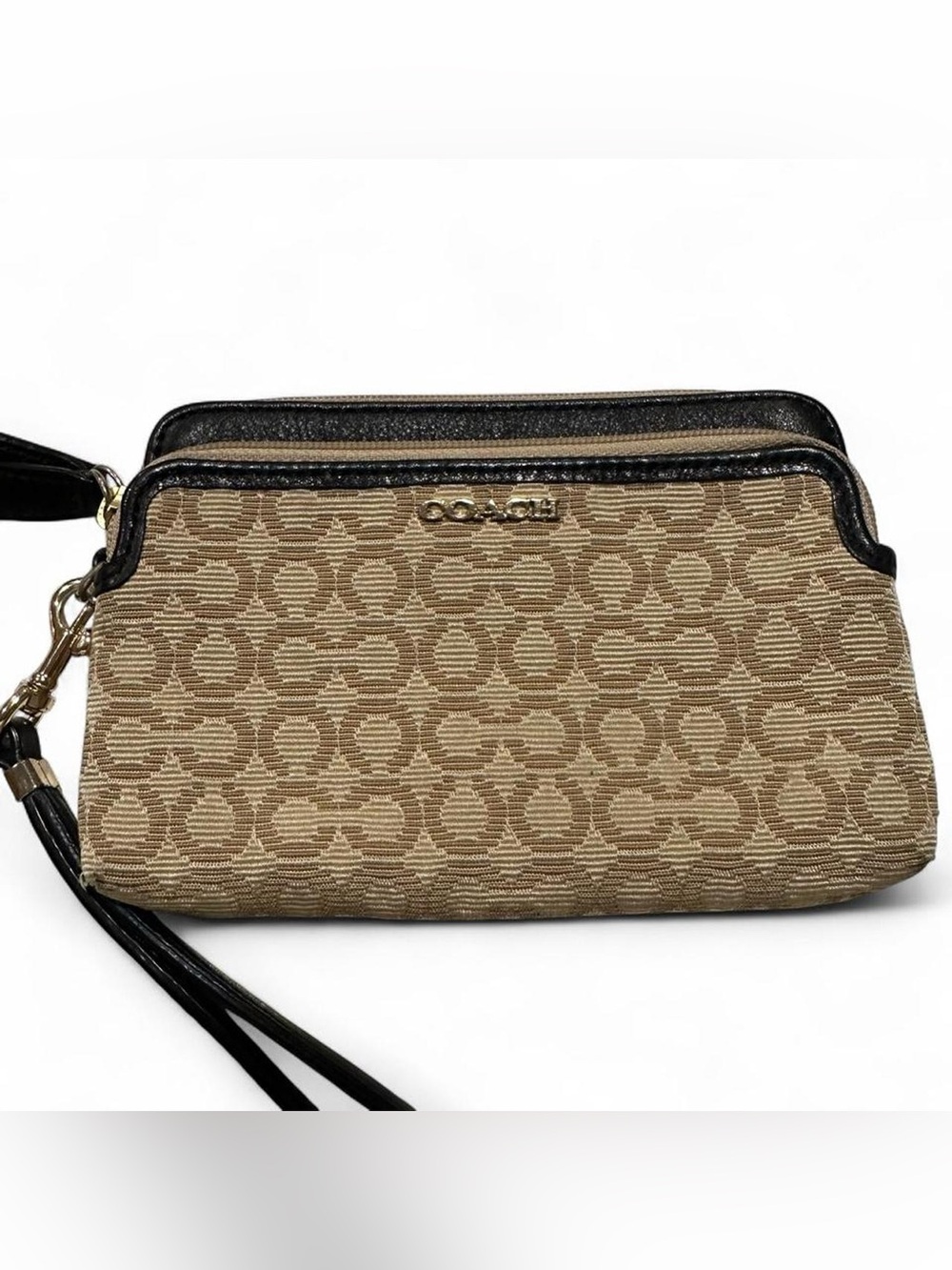 Coach Madison Needlepoint Signature Canvas Wristlet in Khaki Black Leather Trim - Picture 4 of 6